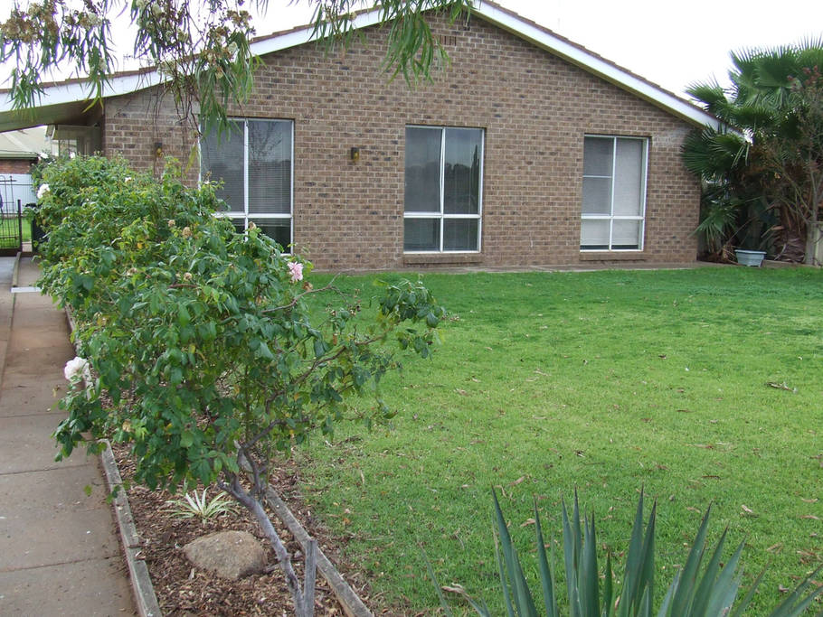 The exterior of the cottage showcases a brick façade with large windows framed by green grass. A low-maintenance garden features shrubbery and scattered plants, providing a welcoming view of the peaceful surrounding area.