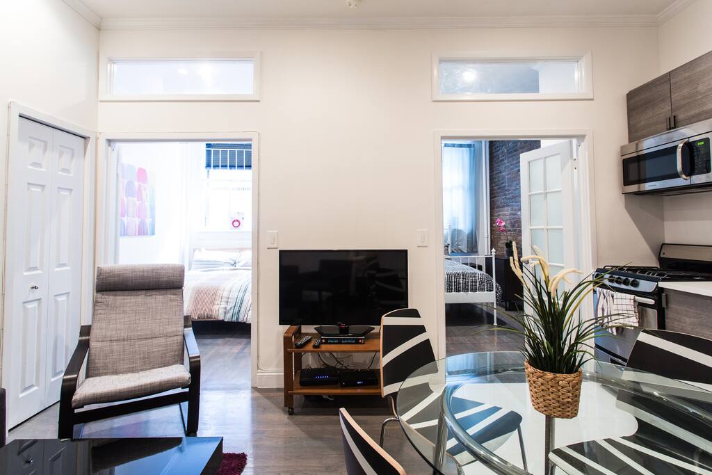 Both bedrooms are off the living room. The 42" flat screen TV has hundreds of channels and high-speed WiFi also.