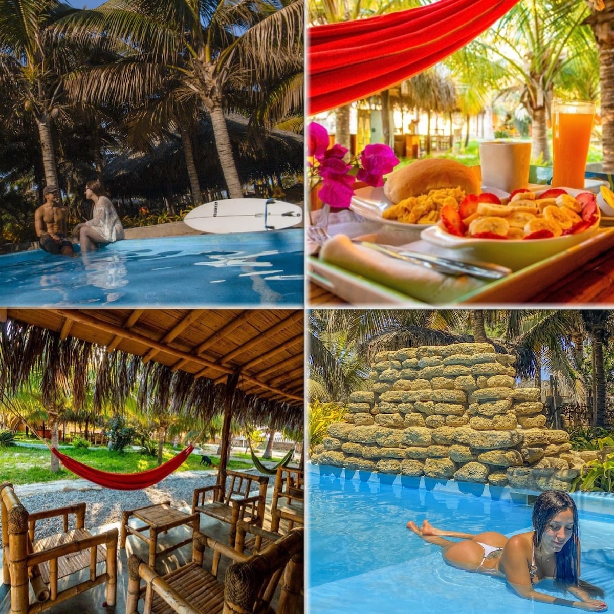 A serene pool area is framed by lush palms, offering a tranquil retreat. A wooden deck with hammocks provides a relaxed seating option. A table holds a colorful breakfast spread with pastries and tropical fruits. Gentle blue waters invite relaxation under a shaded canopy.