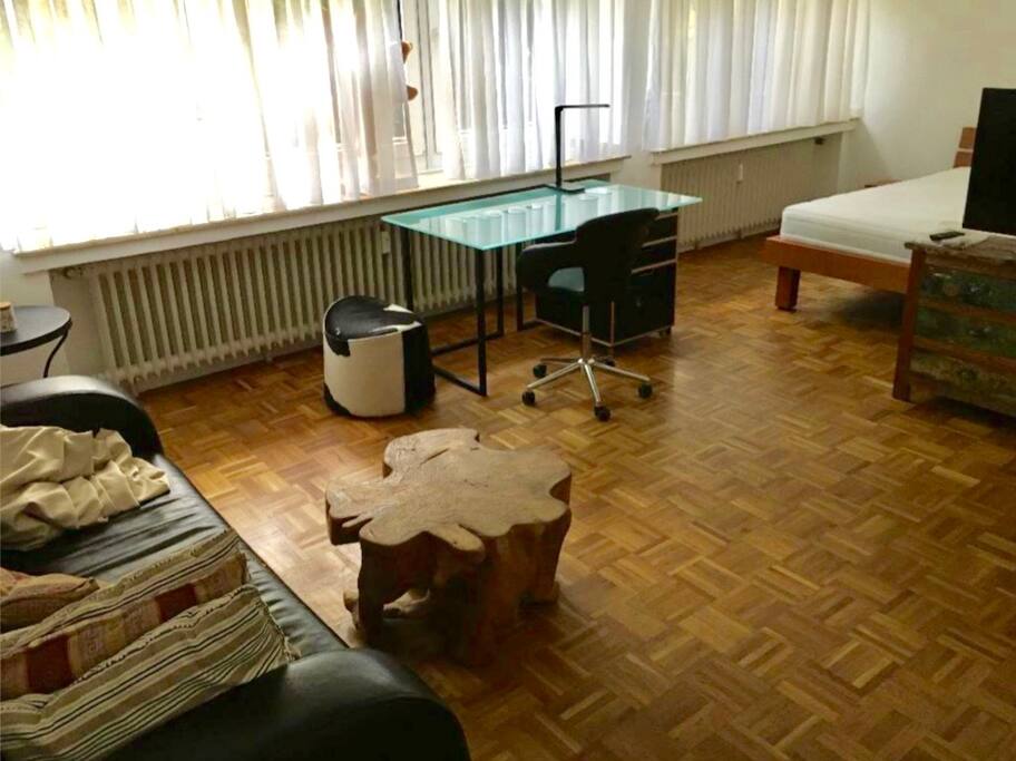 Living room with couch, desk and bed