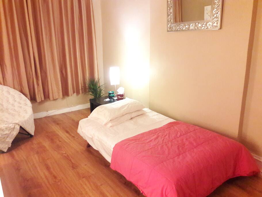Futon flat as bed for sleep
ing.