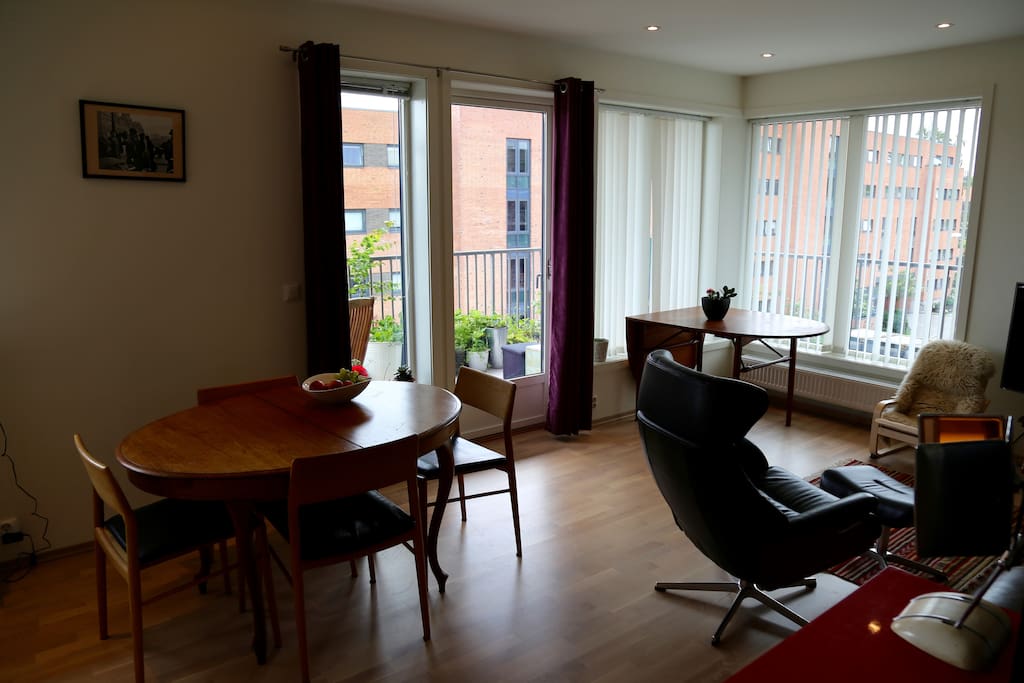 Living room with dining table.