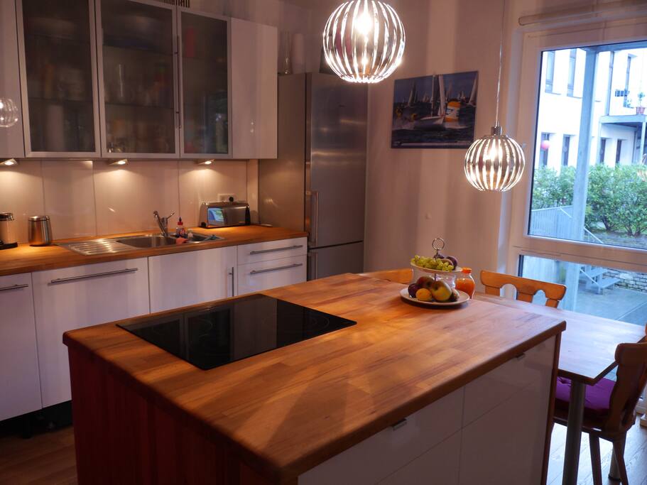 Kitchen with kitchen island. Freezer and fridge combination