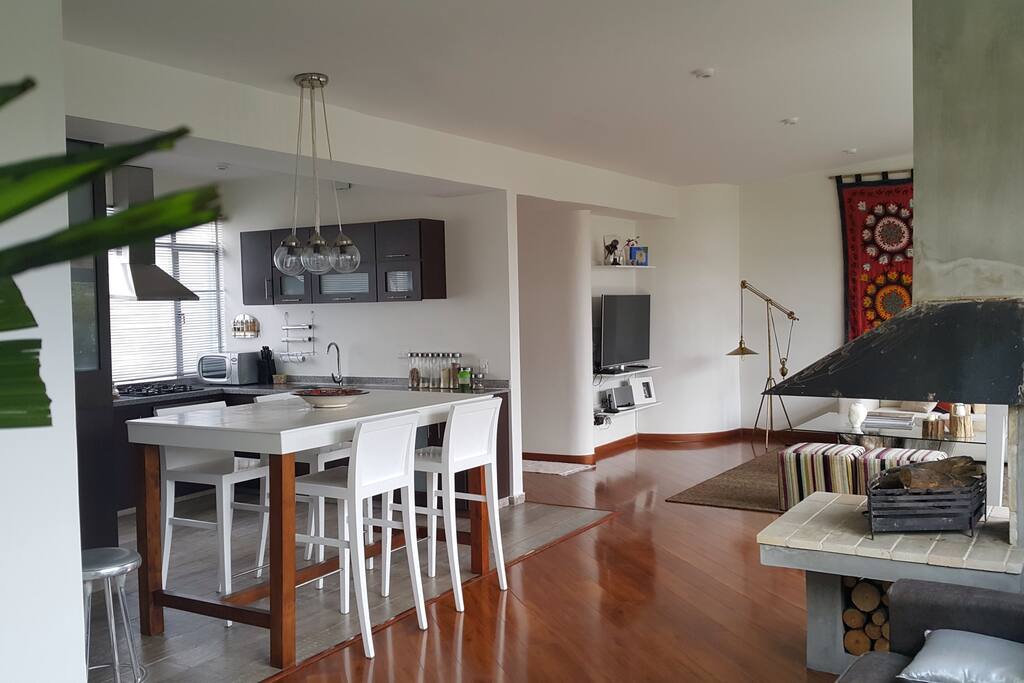 Kitchen open , fireplace