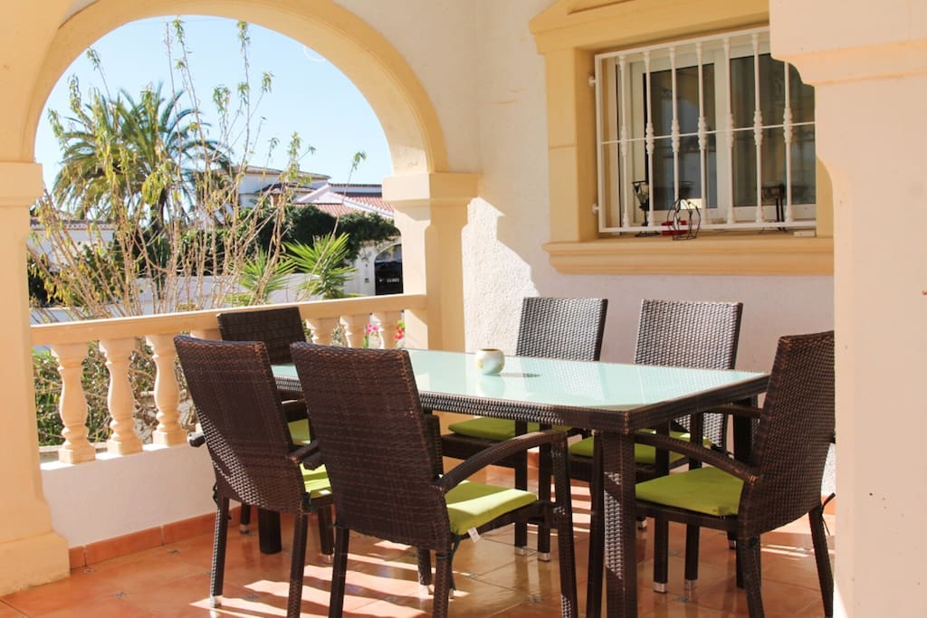 Patio for outside living with sun blind when the sun gets too hot( early afternoons)