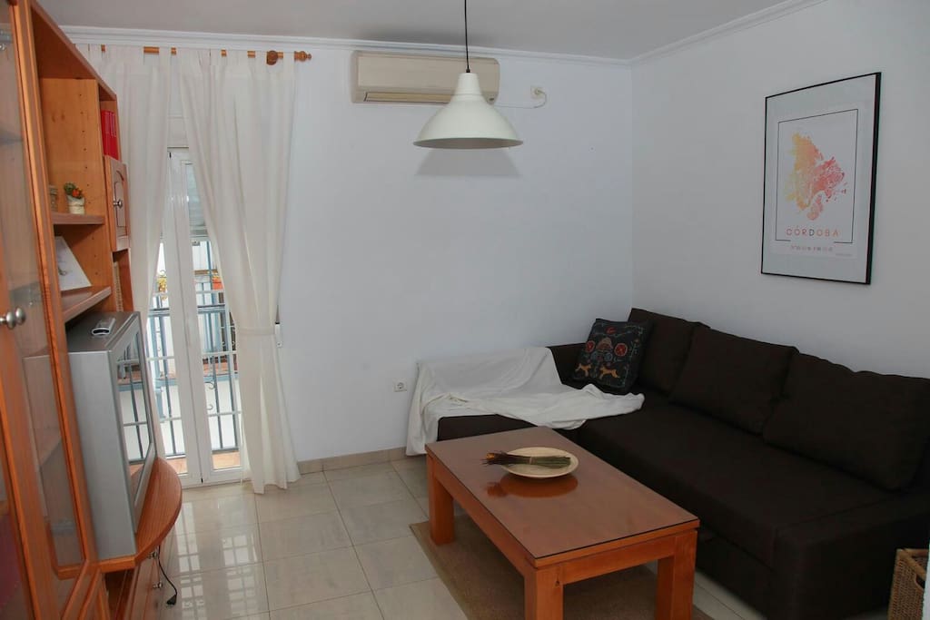 Salón de la vivienda, con un chaise longue que se convierte en una espaciosa cama
