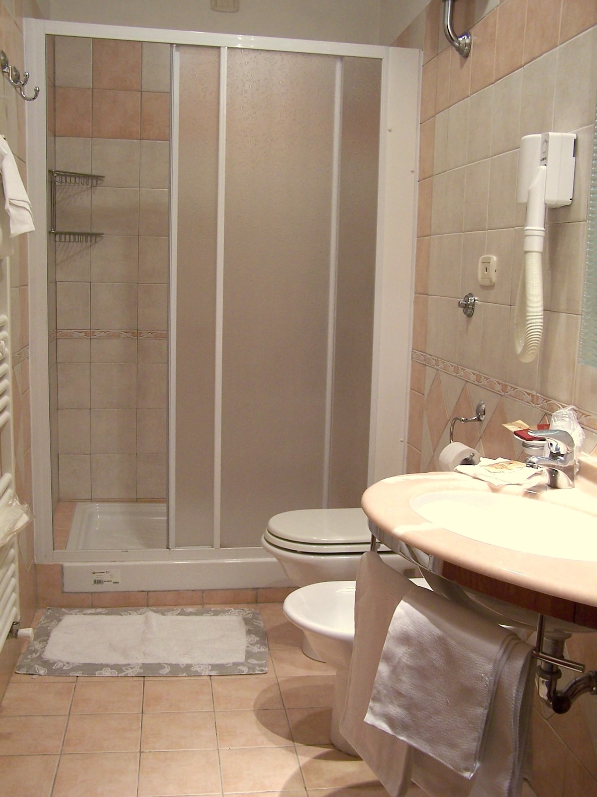 The bathroom features light-colored tiled walls and floors, equipped with a walk-in shower enclosed by glass panels. A round toilet is positioned nearby, with a sink and a mirror above. Shelves for toiletries are visible, along with a soft bath mat on the floor.