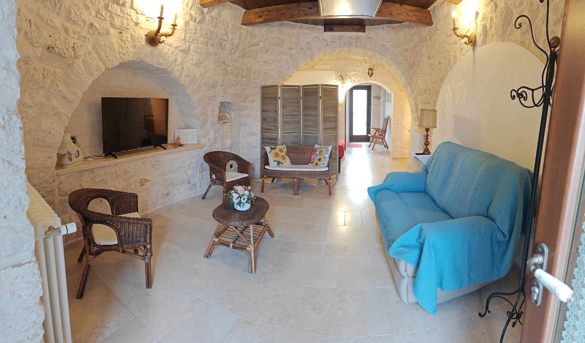 The living area features a stone archway and a cozy seating arrangement with a blue sofa and two wicker chairs. A wooden coffee table sits in the center, complemented by light-toned stone flooring. A wall-mounted TV is visible in the background.