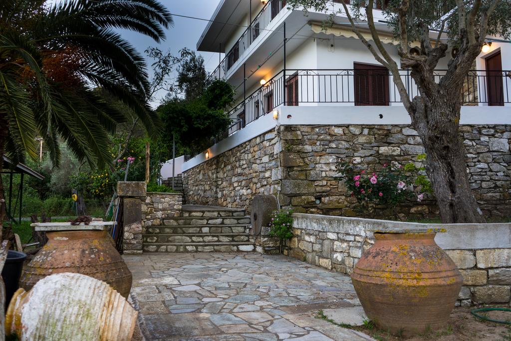 The stone exterior of the villa is visible, featuring a gently sloped entrance with steps leading to the upper level. Lush greenery and decorative plants surround the patio area, complemented by large clay pots positioned on the stone pathway.