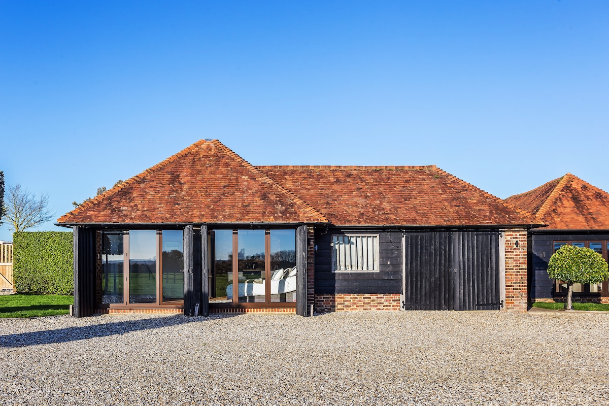 The exterior of the studio showcases a single-story structure with a rustic tiled roof and a combination of black wooden siding and exposed brick elements. Large glass windows reflect the clear blue sky, surrounded by a gravel pathway and well-maintained greenery.