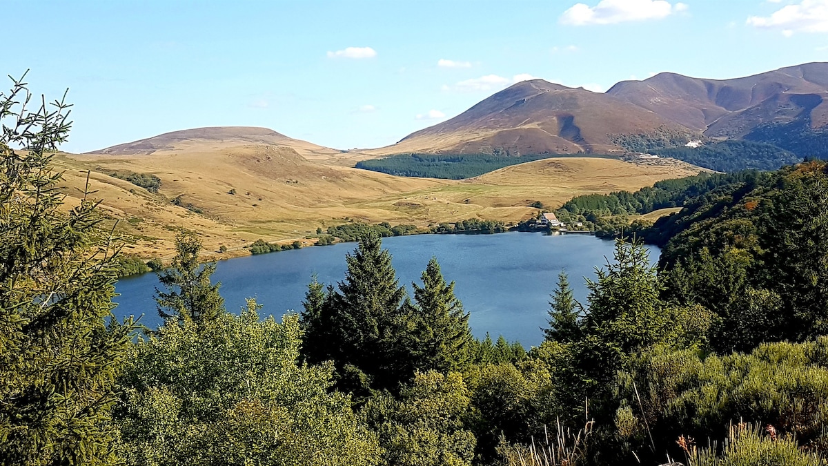 A serene landscape featuring a calm lake surrounded by rolling hills and lush greenery. The backdrop consists of distant mountains with gentle slopes, creating a harmonious view. The water reflects the sky, while various trees frame the scene, enhancing the natural beauty.