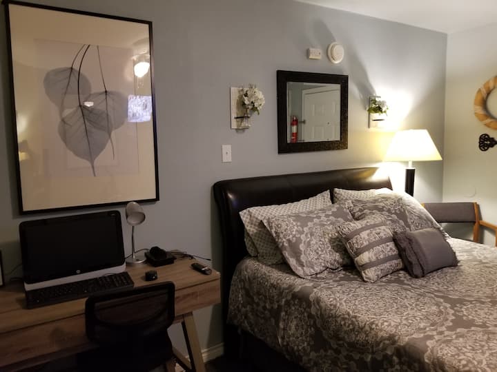 Queen size bed with memory foam mattress. Computer provided for use during your stay as well as high speed wifi.