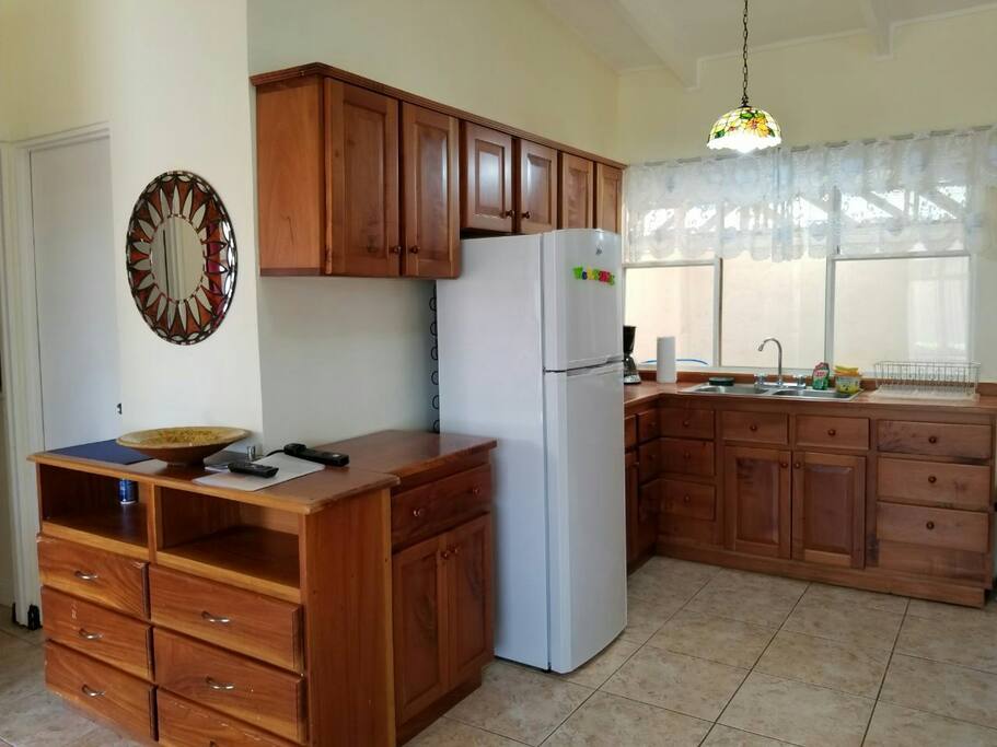 View of kitchen, fully stocked with all appliances, with beautiful wood cabinets