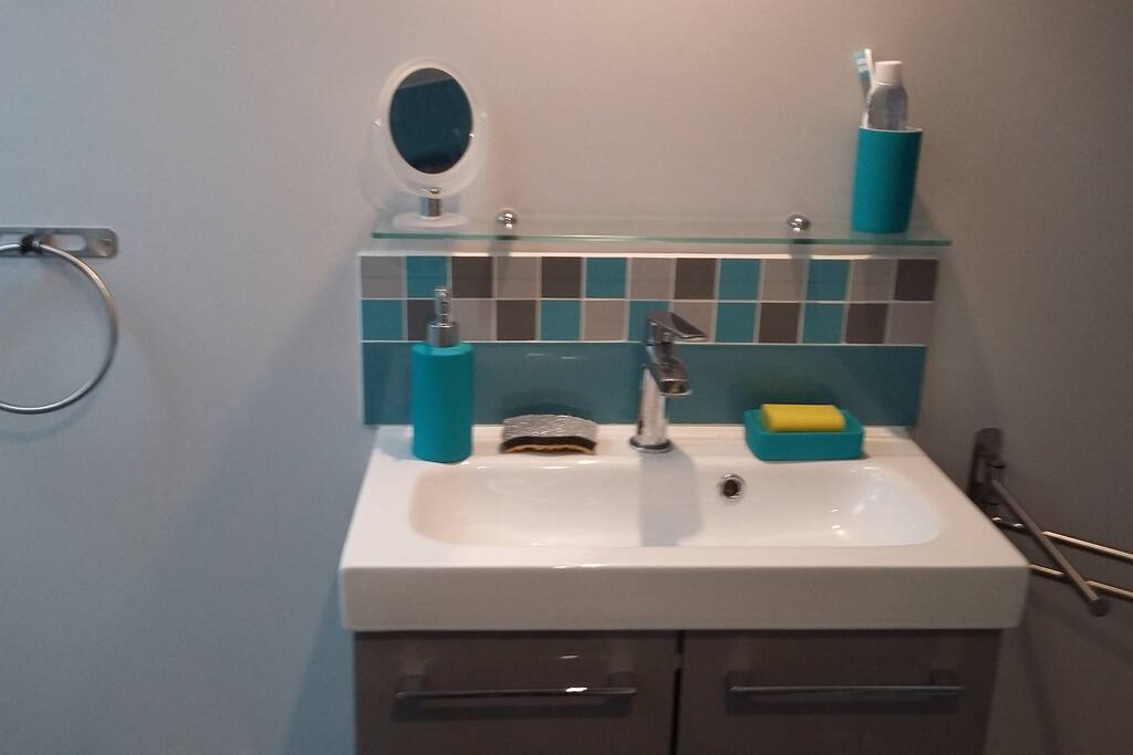 Lavabo avec possibilité de ranger ses effets personnels dans le meuble.