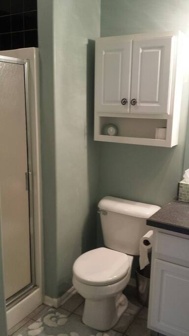 Private bath with shower adjacent to bedroom
