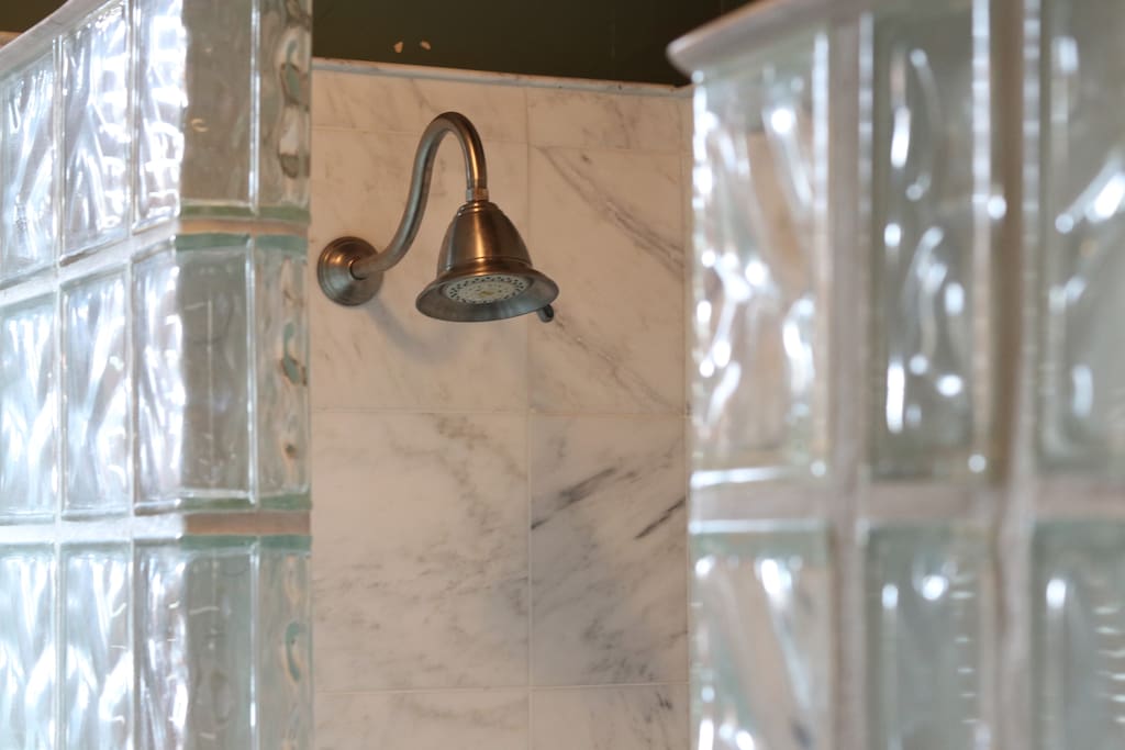Our walk-in, glass brick shower.