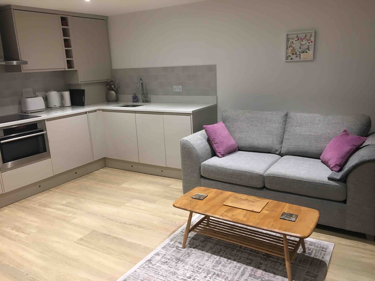 An open plan kitchen area is presented with modern cabinetry and appliances, including a stove and microwave. A light grey sofa with purple cushions is positioned adjacent to a wooden coffee table, complemented by a patterned rug on a light wood floor.
