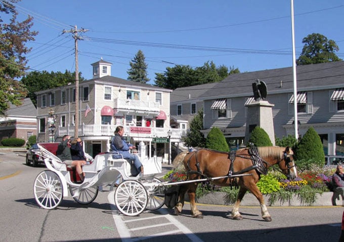A horse-drawn carriage moves leisurely along a street, showcasing a driver and passenger enjoying the ride. Nearby buildings feature a mix of architecture, with peaked roofs and colorful awnings. Lush greenery and decorative flowers line the street, contributing to a charming focal point.