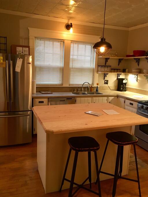 Kitchen with original tin ceiling.