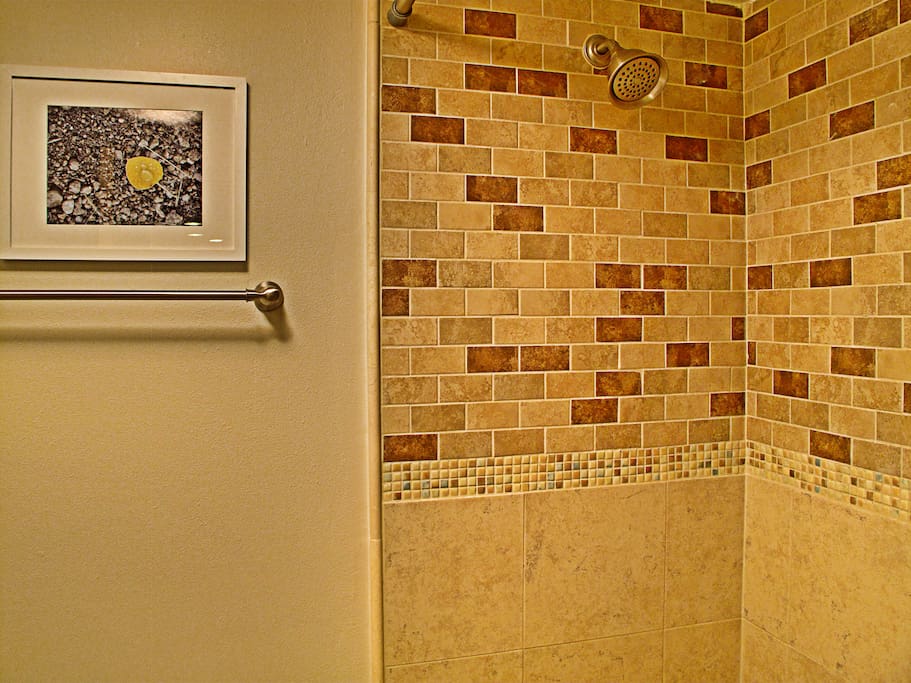 Remodeled beautiful shower, has tub