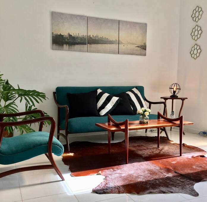 Living room, art-deco style decor. Cental AC, new light fixtures.