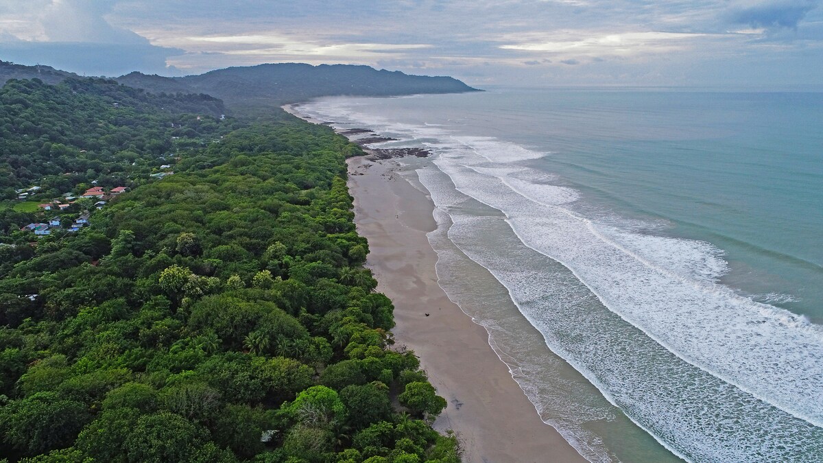 The aerial view captures a tranquil stretch of beach lined by lush greenery, with gentle waves lapping at the shore. The coastline features soft sand, and the surrounding hills create a serene backdrop against a cloudy sky, highlighting the natural beauty of the area.