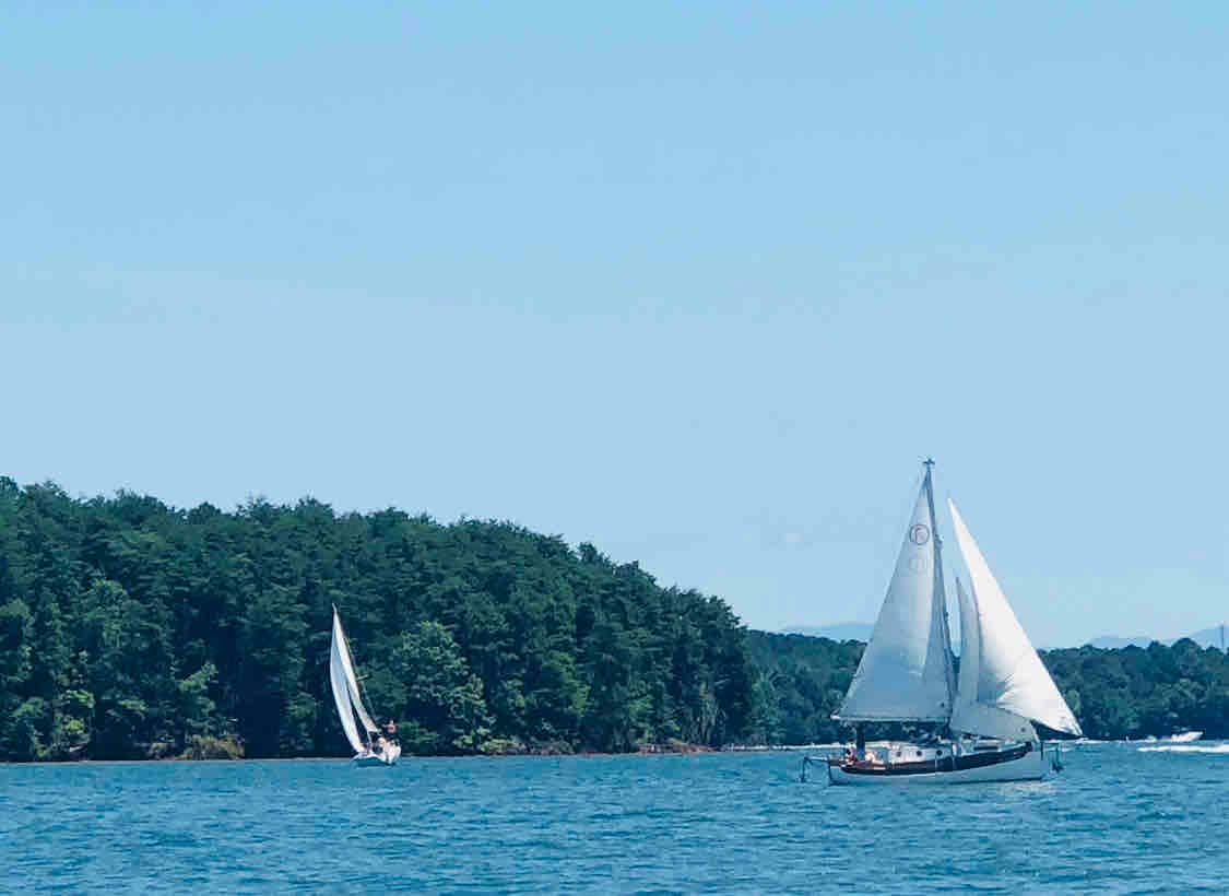 Sailboats glide across the calm waters of Lake Keowee, framed by lush green trees along the shoreline. The clear blue sky overhead complements the vibrant scene, creating a serene atmosphere for outdoor activities.