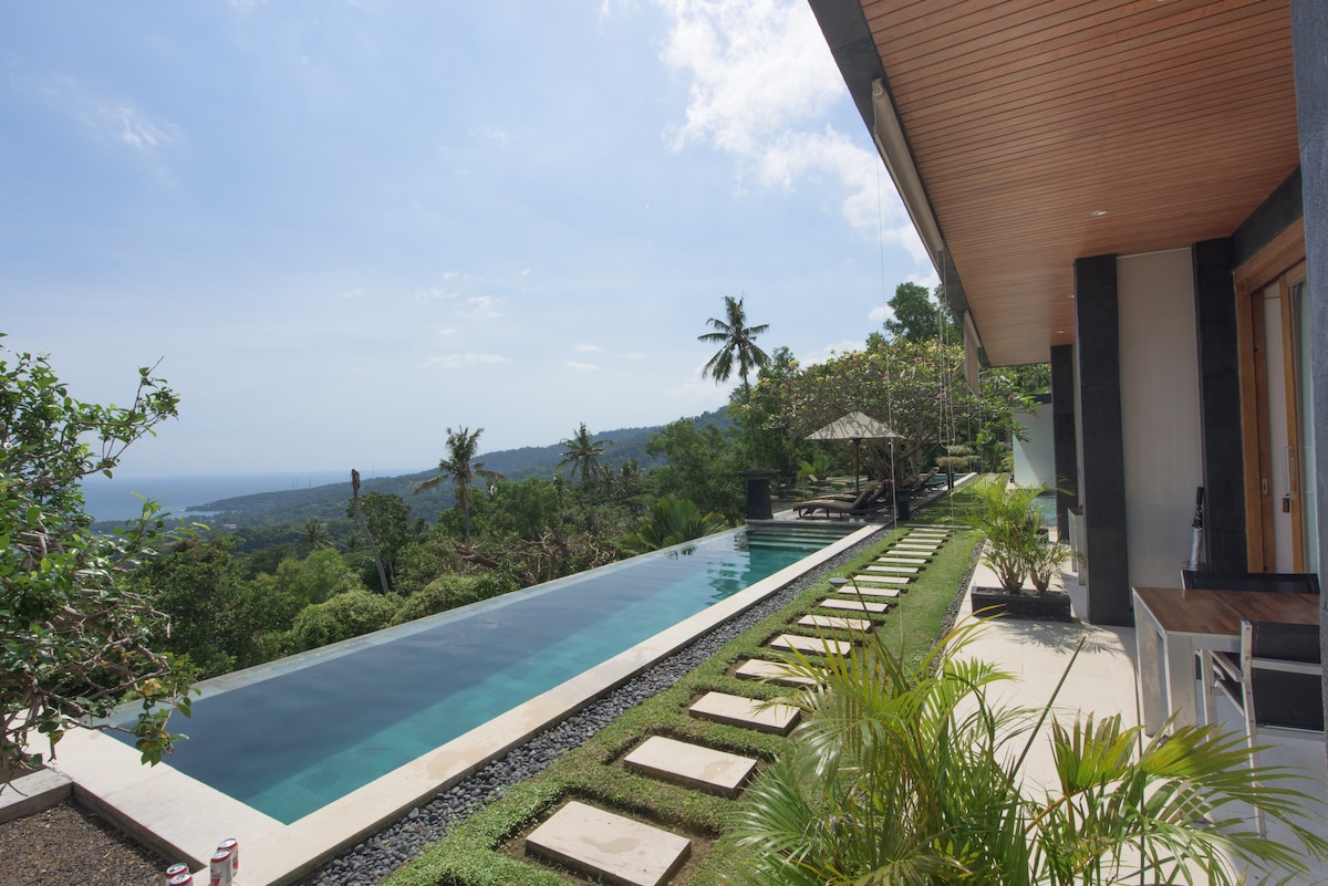 An infinity pool stretches alongside a well-maintained deck, offering expansive views of the surrounding hills and ocean. Smooth stone pathways connect lush greenery, while palm trees and a shaded seating area enhance the inviting atmosphere. The building's design blends harmoniously with the natural landscape.