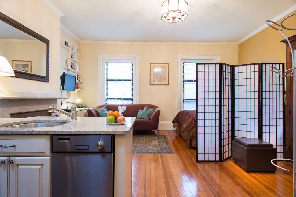 Although a studio, the sleeping area is conveniently partitioned off.