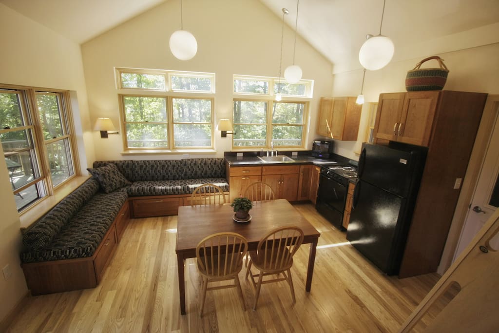 Here's the view looking south. Handcrafted hardwood floors are made from locally-harvested and locally-milled ash.