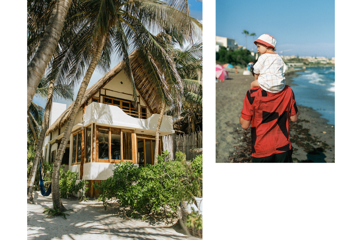 An image of a sunlit exterior of a beachfront villa in Sian Kaan reserve complete with shady palm trees, a palm-thatched roof, and a modern design. The second image is of a child on their father’s shoulders somewhere near the sea in Tulum, Mexico.