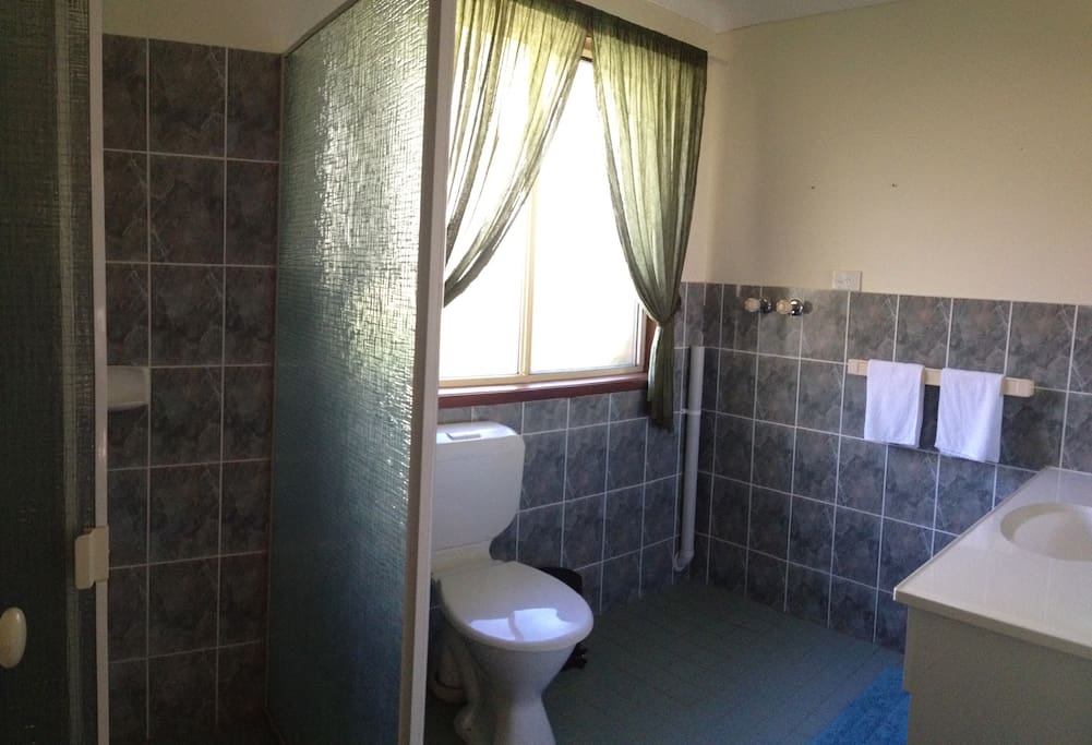 The ensuite bathroom, shower on the left