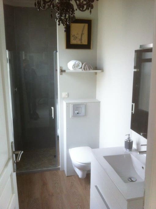 Salle d'eau avec douche italienne.
