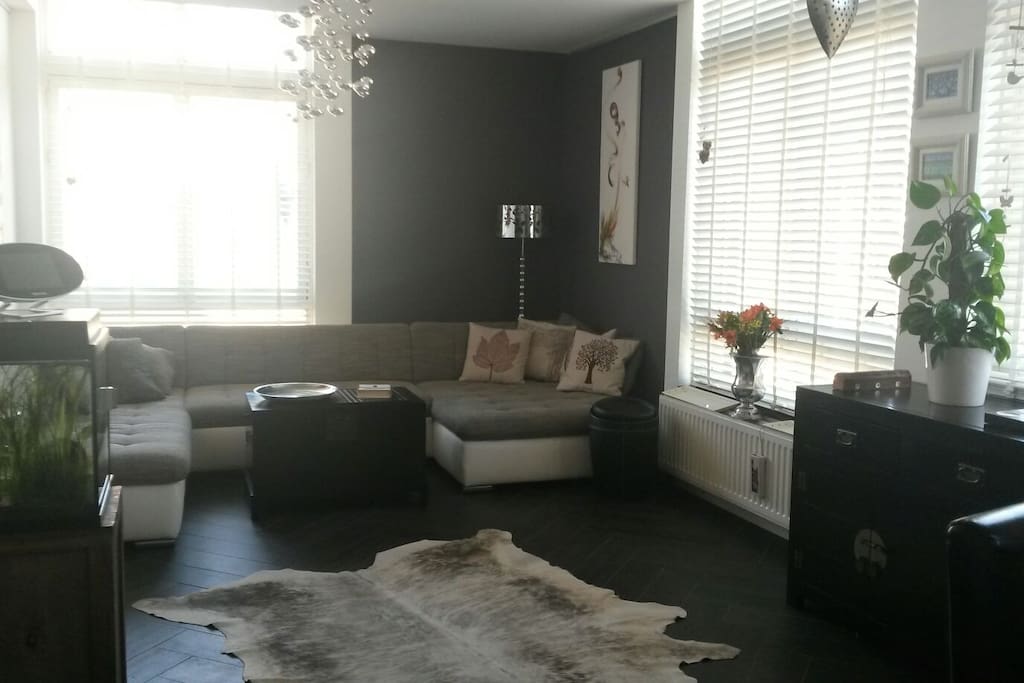 Spacious living room with a view to the Elandsgracht. Great lounge sofa!