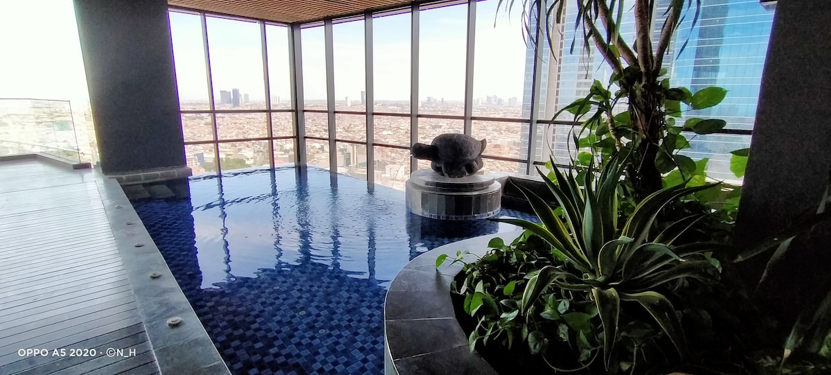 An indoor swimming pool is surrounded by large windows offering expansive views of the city. Lush greenery is visible at the pool's edge, adding a natural touch. The water reflects soft light, creating a serene atmosphere throughout the space.