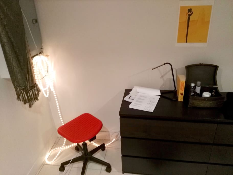 Bedroom Detail (twinkle lights, usb lamp and rolling stool)
