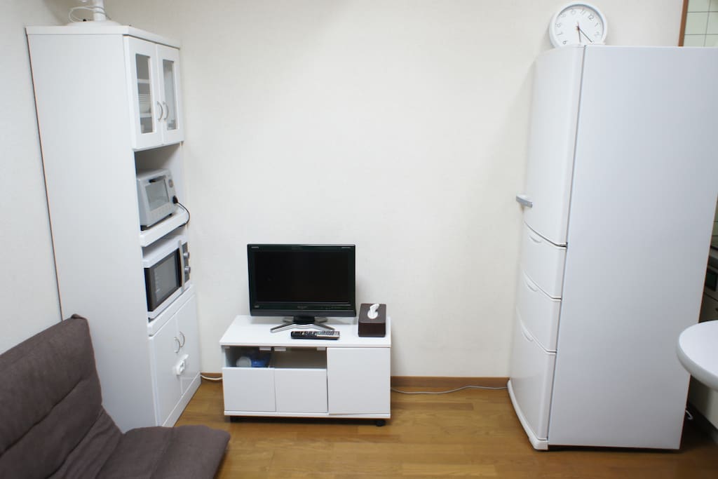 TV, refrigerator, toaster, and Microwaves.