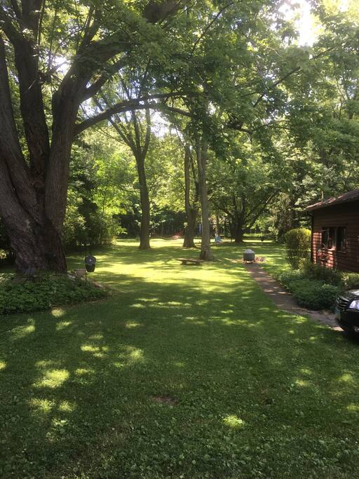 One acre backyard with hammock, tire swing, fire pit, and sitting area.
