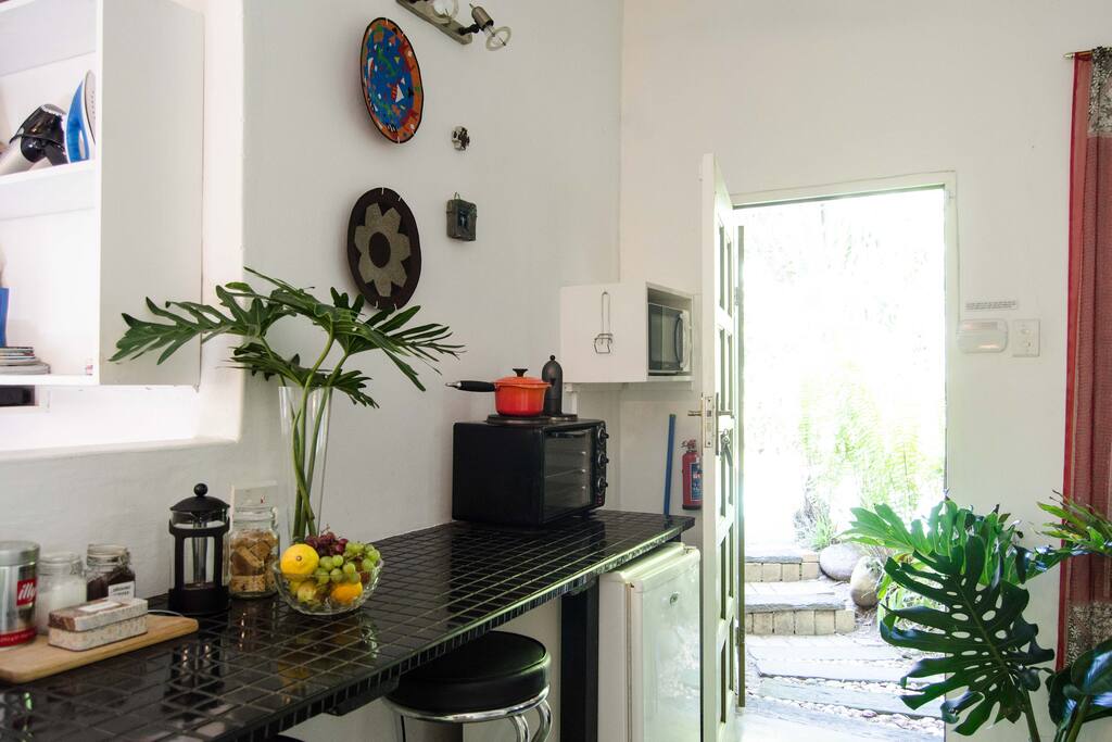 Kitchenette with microwave and tabletop oven