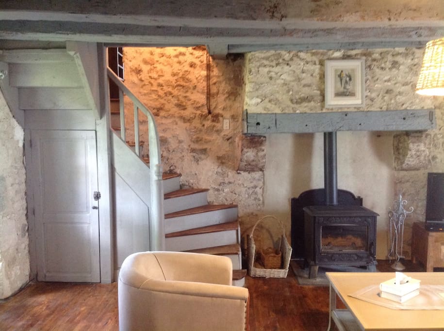 Large stone fireplace, with log burner for romantic Winter nights