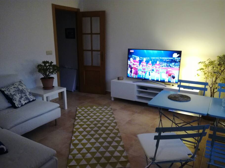 le salon qui donne sur la Terrasse quintana ,avec un grand télévision et un canapé d angle qui en enlevant les coussins fait un lit une place.