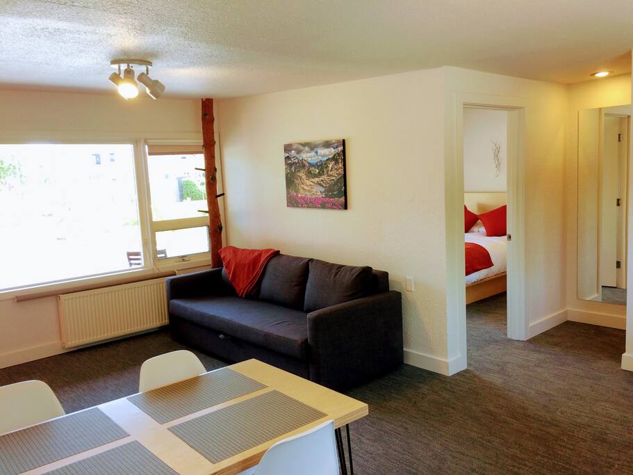 This one bedroom has a full kitchen, separate bedroom, sleeper sofa, design touches, and plenty of natural light.