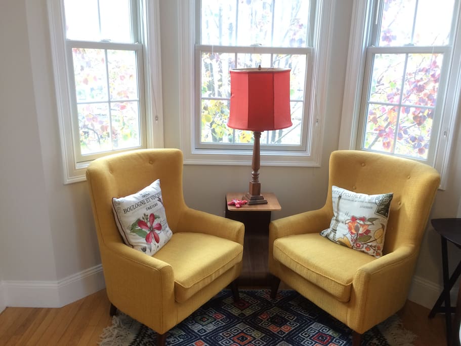 Reading nook in the bay window.