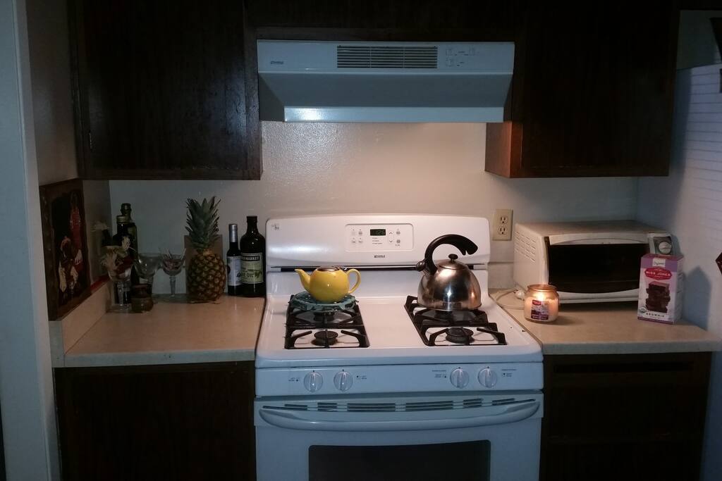 Clean kitchen to cook in, food available to cook.