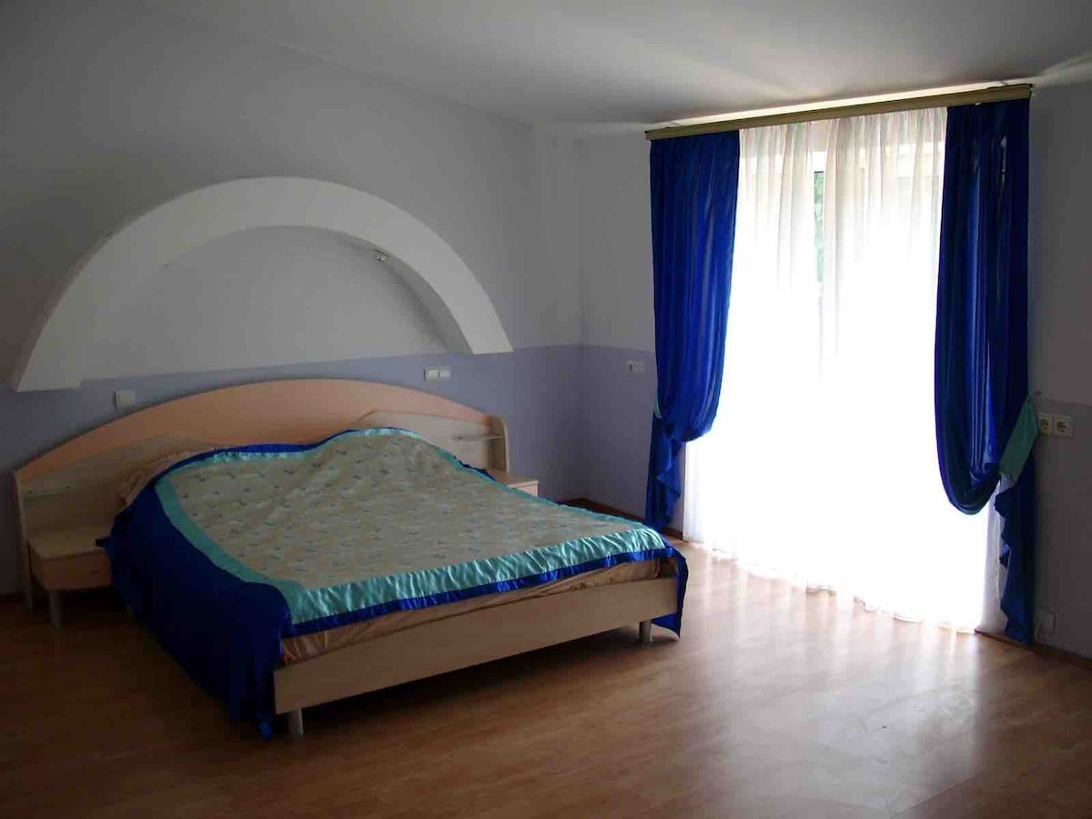 A spacious bedroom features a large bed with a light blue bedspread. Floor-to-ceiling windows are dressed with sheer white curtains, allowing natural light to fill the room. Blue drapes frame the windows, complementing the light wall color and wooden flooring.