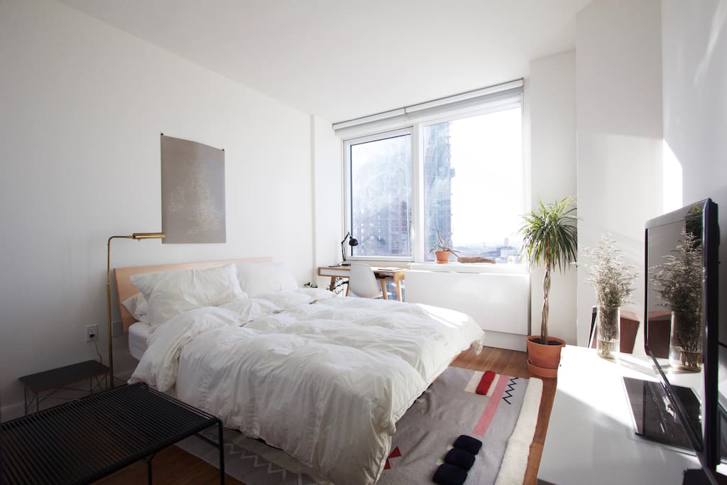 A comfortable queen bed and writing desk are in the bedroom.
