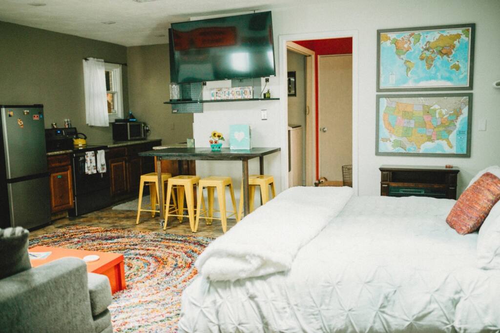 Stay bundled and cozy in bed! TV swivels to the bed so you can relax and recharge.