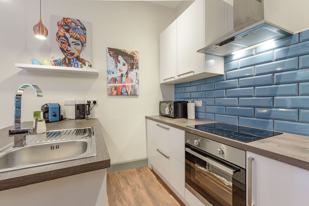 Kitchen is fully equipped with espresso maker, kettle, fridge/freezer, hob/oven, microwave, washer, etc.