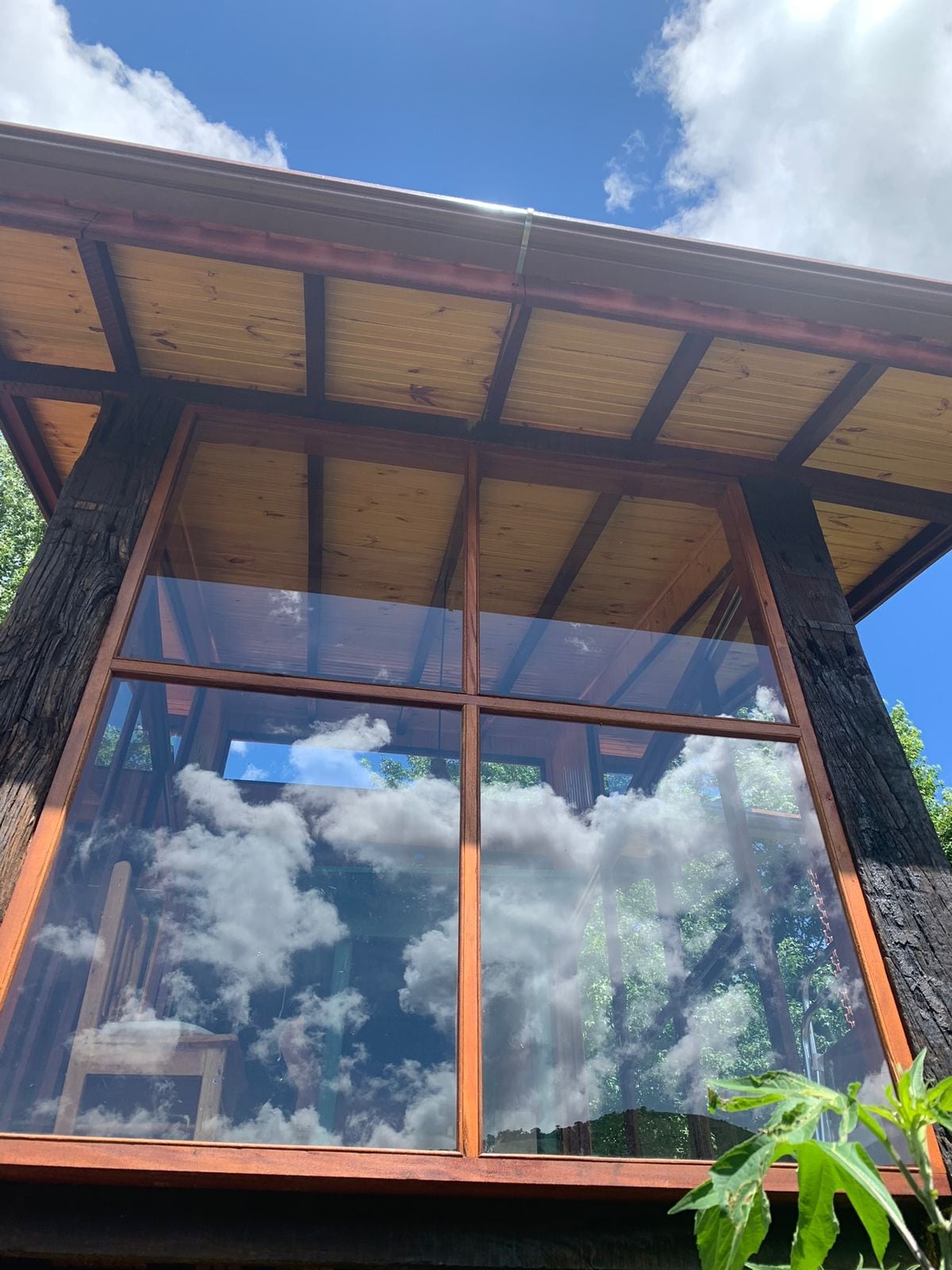 A wooden structure featuring large glass panels allows natural lighting to fill the interior. The roof design showcases wooden beams against a backdrop of blue skies with white clouds, creating an open and airy feel.