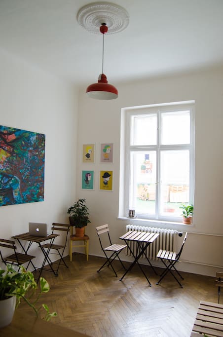 Self-serve cafe area, with art by Trevor MacDonald, NinaSilla, Chris Lettner and more.